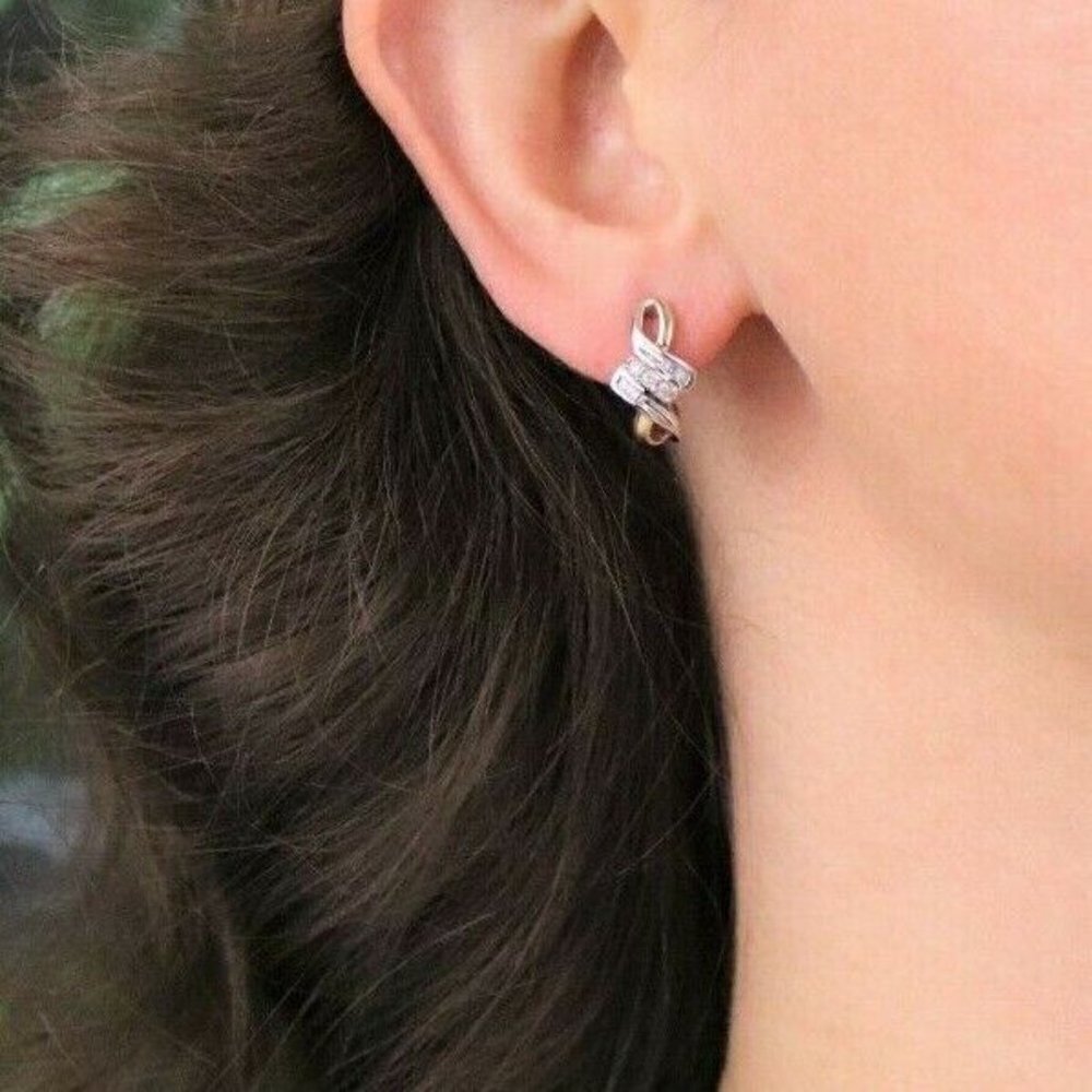 10k Yellow Gold Diamond Earrings J Hoop Earrings .25 tcw hoops - Picture 3 of 8